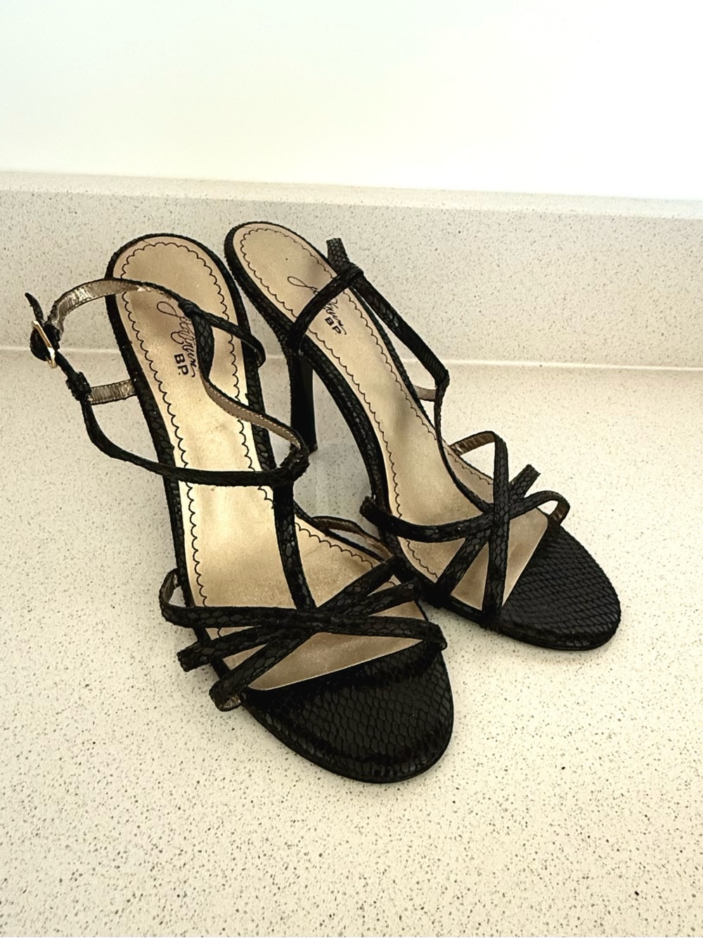 Nordstrom BP Platnum Black T-Strap Snake-print Heels
